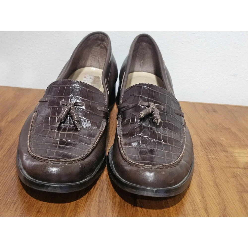 Etienne Aigner Gotham Dress Shoes Size 10 Brown Leather Croc Tassel Loafer Mens